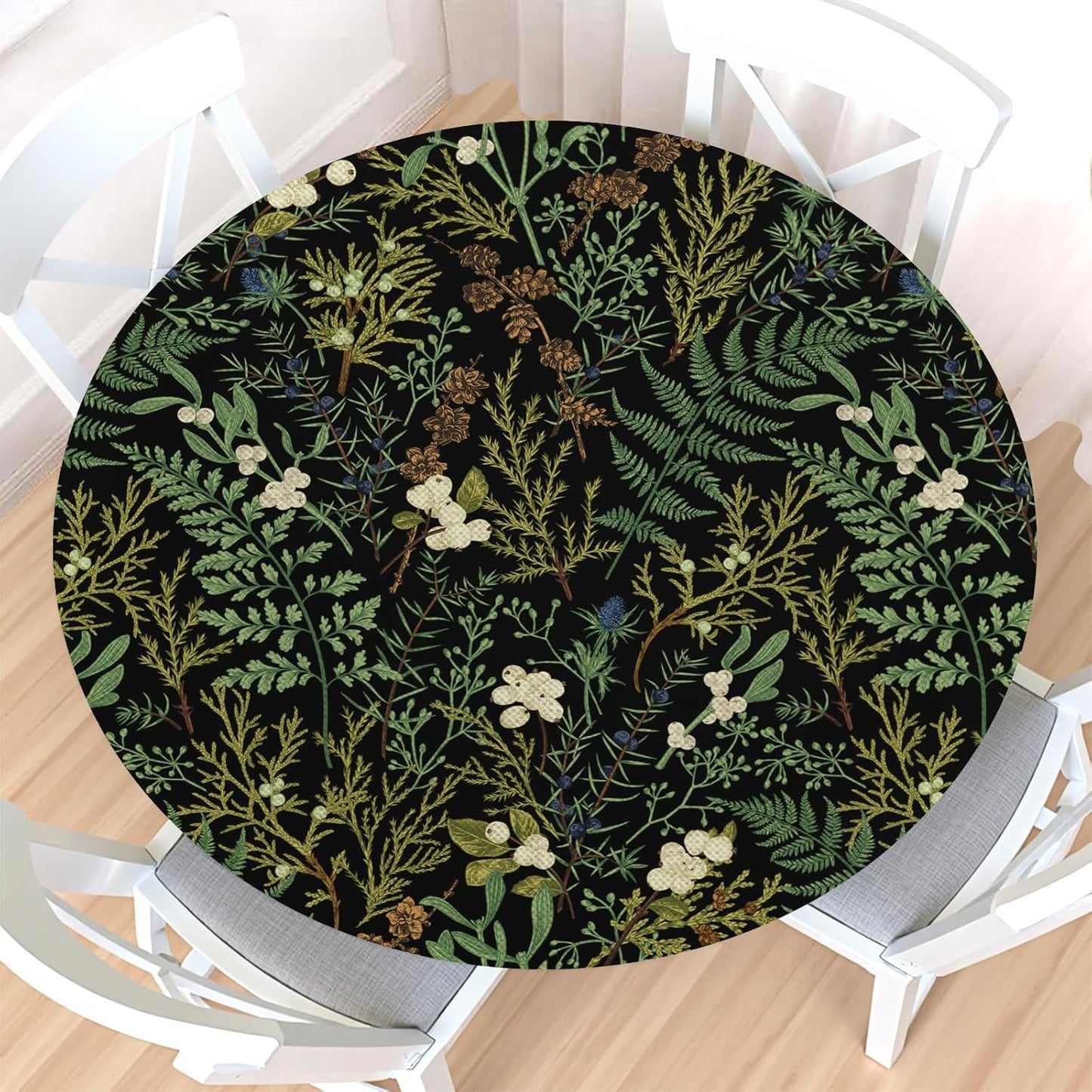 Mantel redondo botánico negro y verde con borde elástico impermeable para mesa de 40 a 44 pulgadas