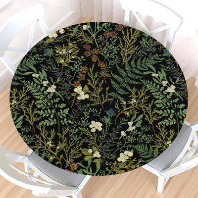 Mantel redondo botánico negro y verde con borde elástico impermeable para mesa de 40 a 44 pulgadas
