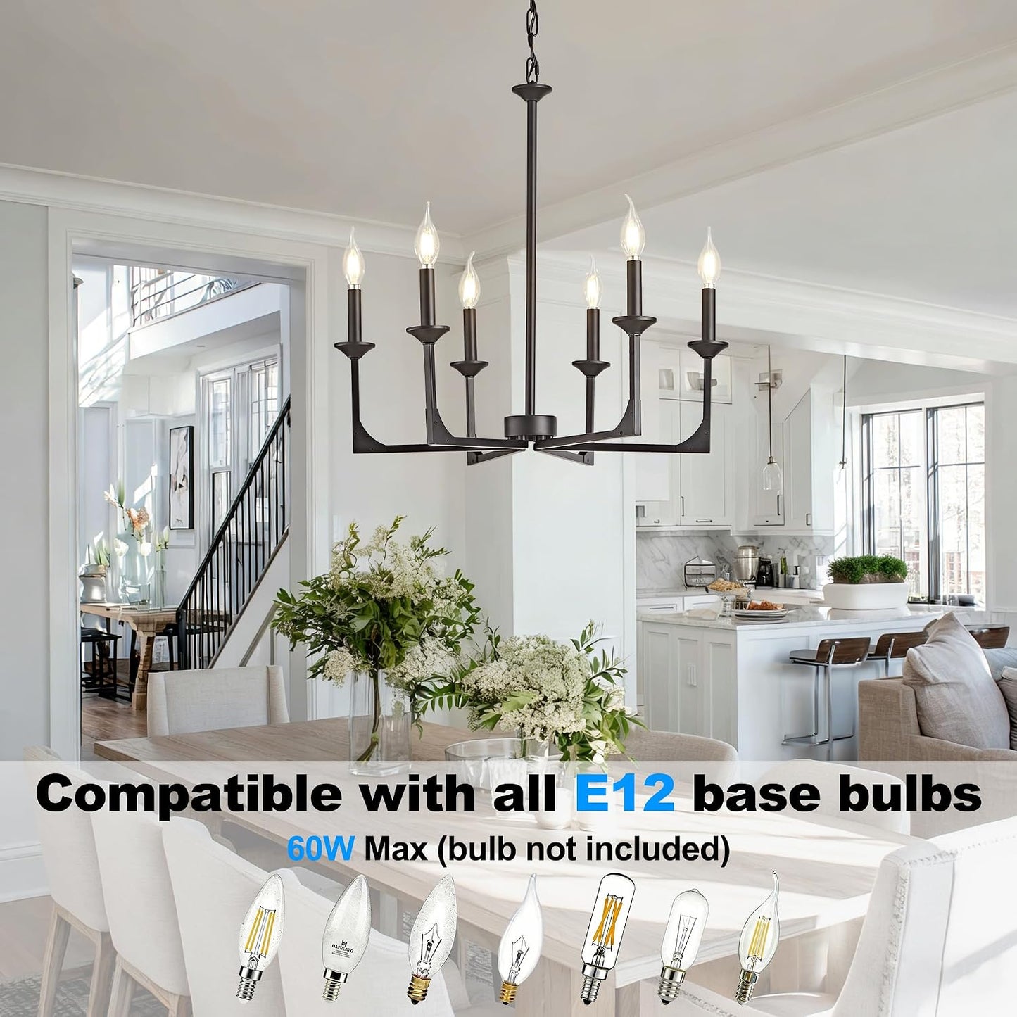 Candelabro 6 luces industrial negro para comedor y cocina