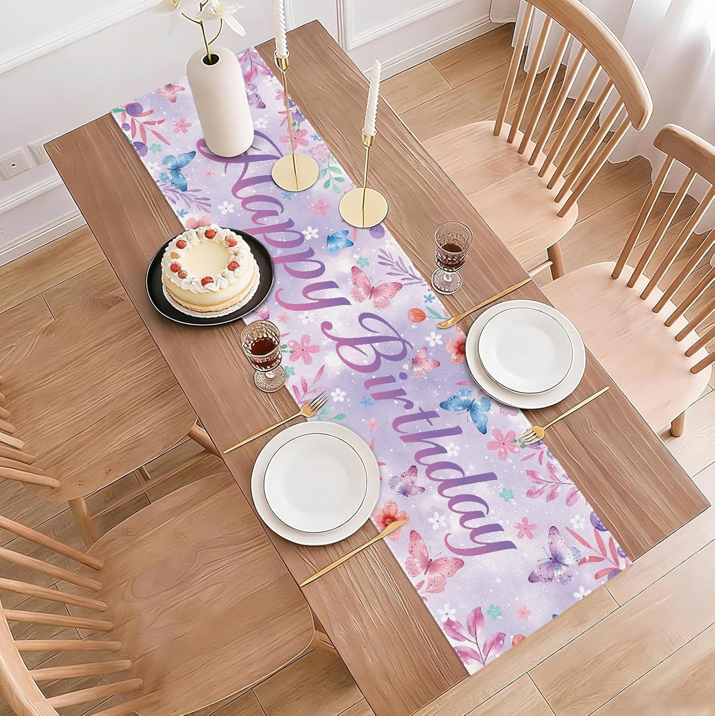 Camino mesa cumpleaños diseño mariposa lavanda 72x13pulg