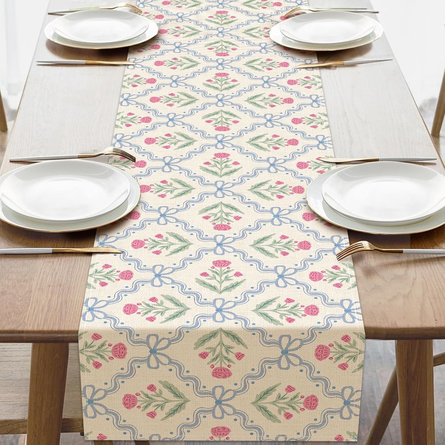 Mesa comedor floral vintage rosa azul arco geométrico