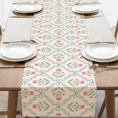 Mesa comedor floral vintage rosa azul arco geométrico