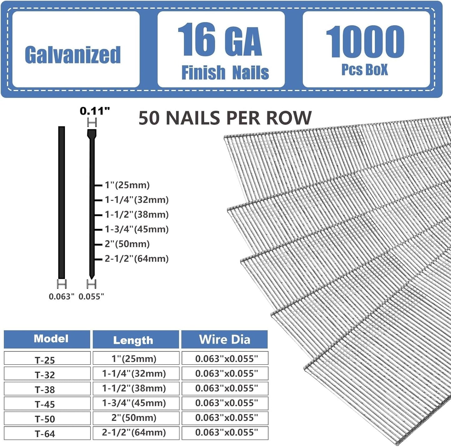 Clavos acabado recto 16ga 1.0pulg 1000uds galvanizados