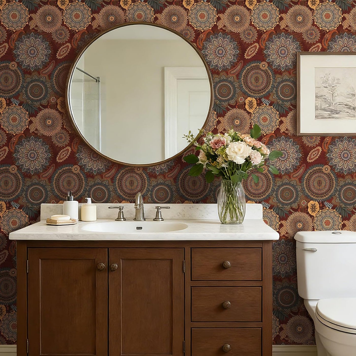 Papel tapiz bohemio floral rojo oscuro borgoña dorado
