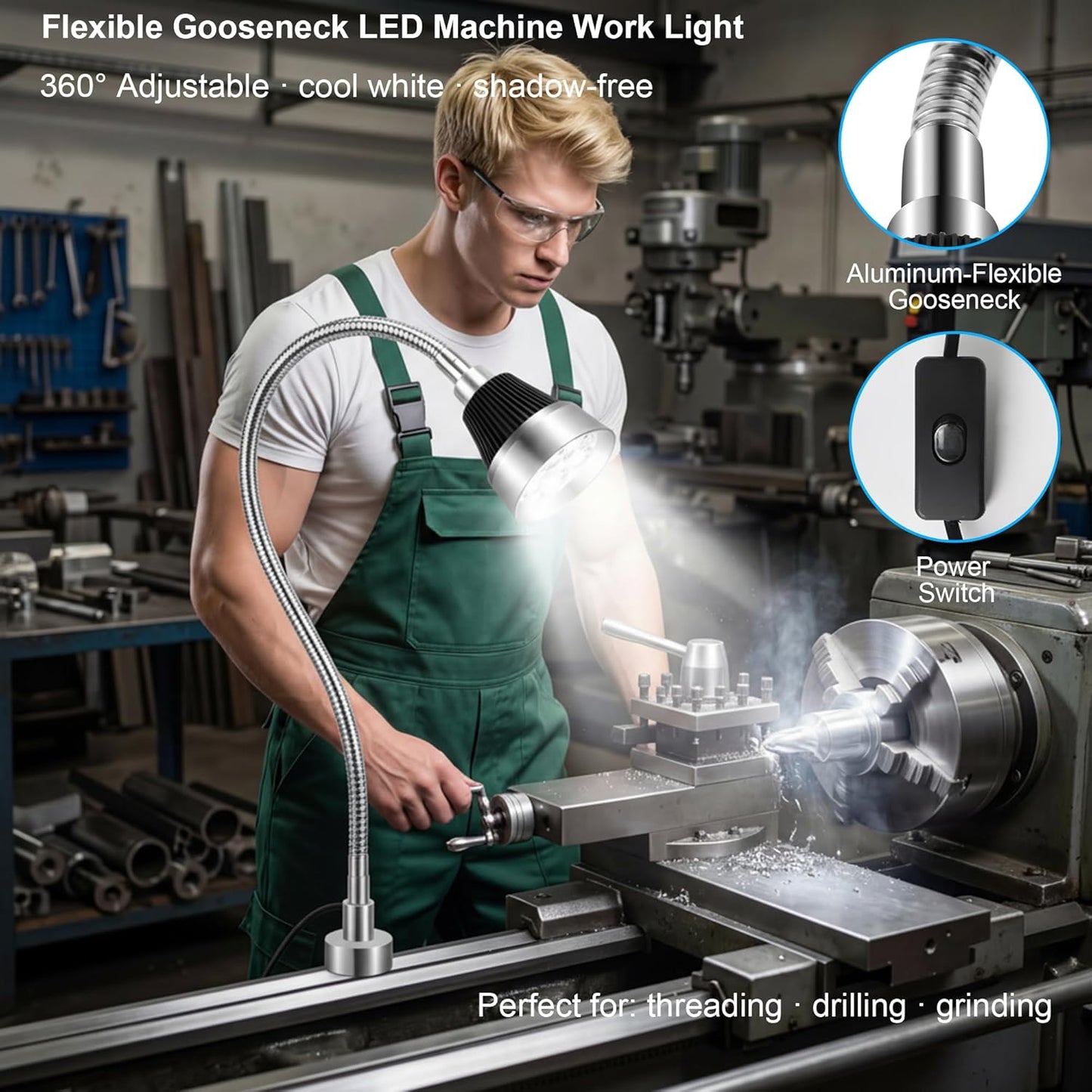 Luz LED magnética para taller con cuello cisne flexible