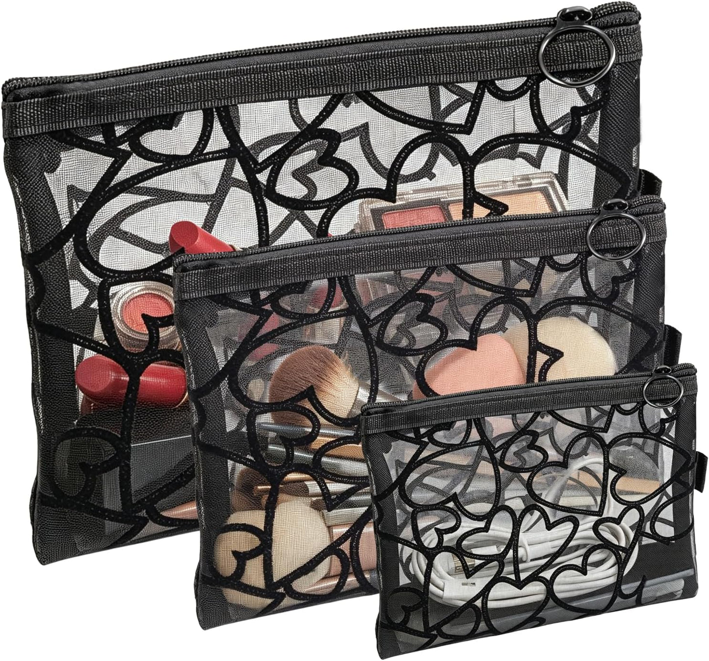6 Pzas Bolsas Maquillaje Malla Estampado Corazón Beige Negro