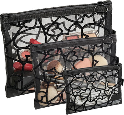 6 Pzas Bolsas Maquillaje Malla Estampado Corazón Beige Negro
