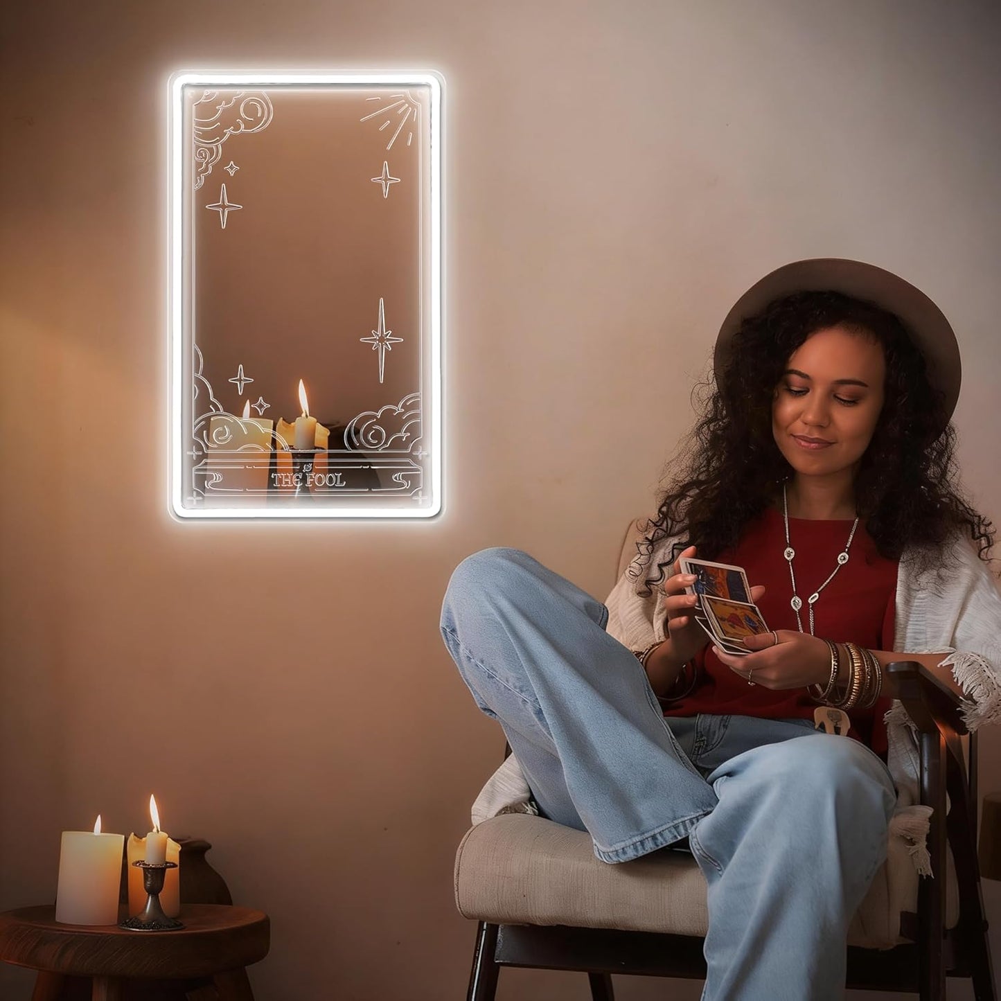Letrero neón espejo tarot luz LED blanca fría decoración pared