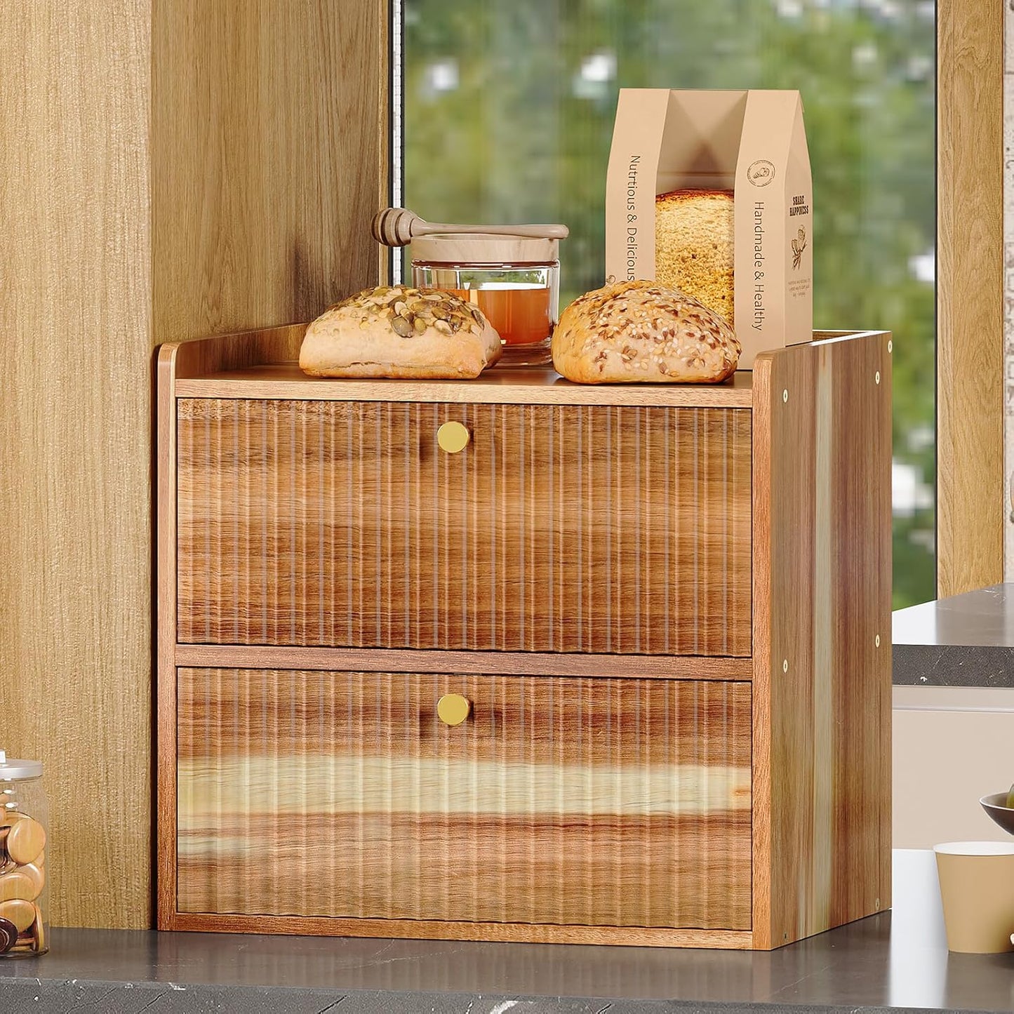 Caja pan bambú encimera cocina organizador alimentos