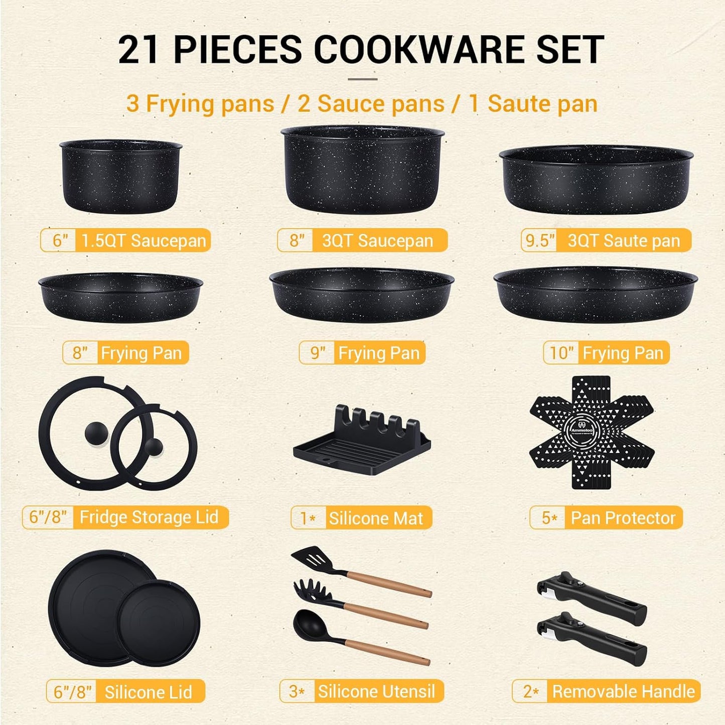 Set 21 Ollas Sartenes 22 Moldes Hornear Apilables Negro