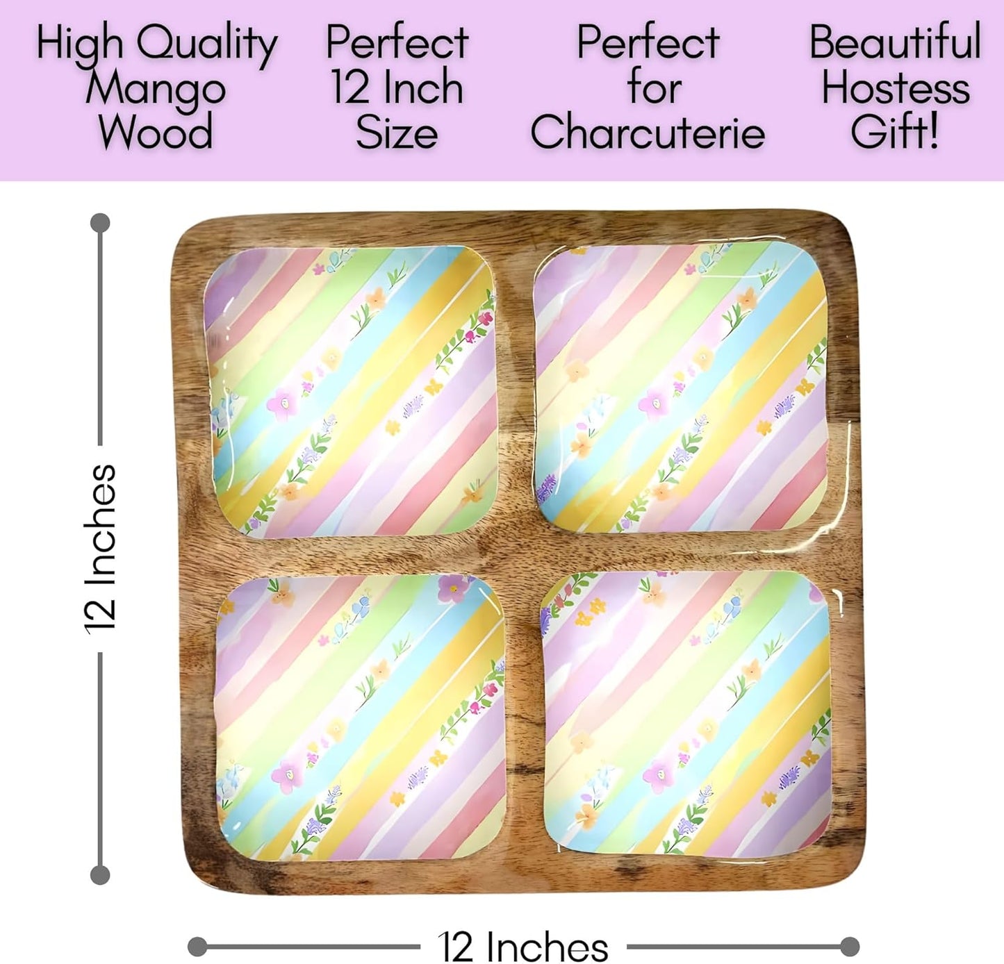 Bandeja Pascua 12x12pulg 4 compartimentos madera mango