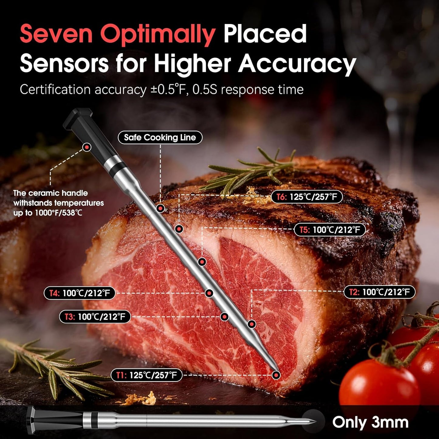 Termómetro inalámbrico WiFi para carne 1000 pies 7 sensores NIST