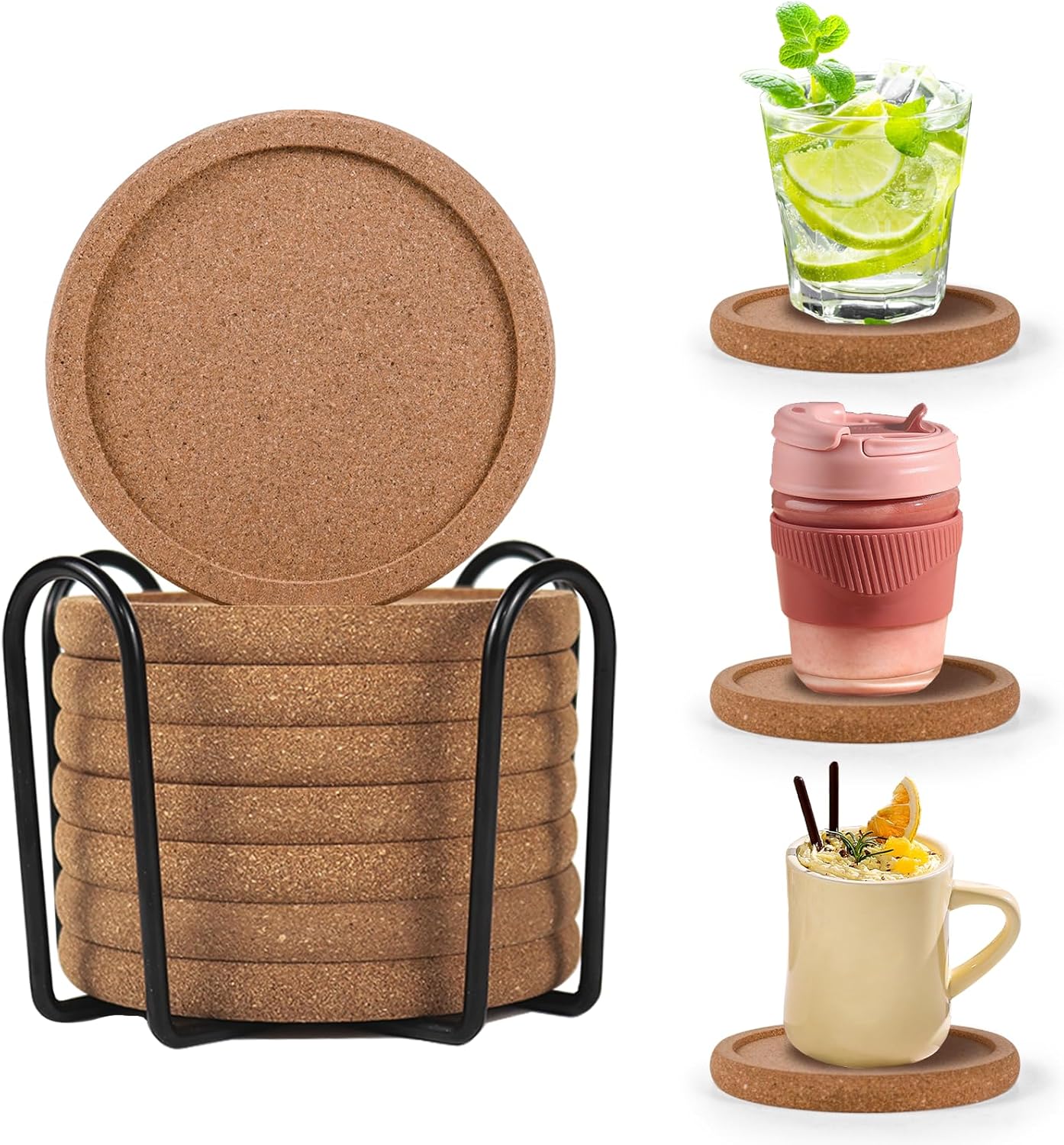 Juego de 8 posavasos de corcho redondos absorbentes con soporte