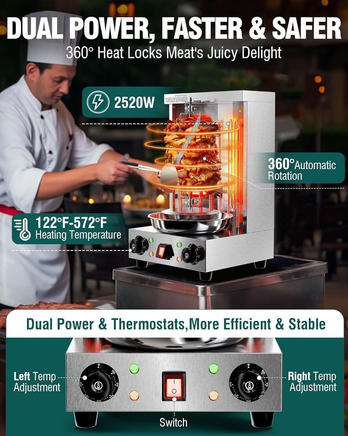 Máquina parrilla vertical eléctrica 22lb acero inox 122-572°F