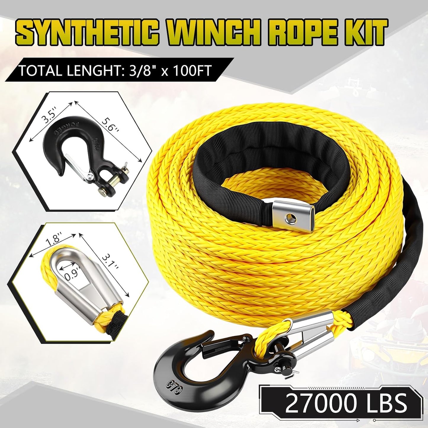 Kit cable cabrestante sintético 3/8x100ft con funda y gancho