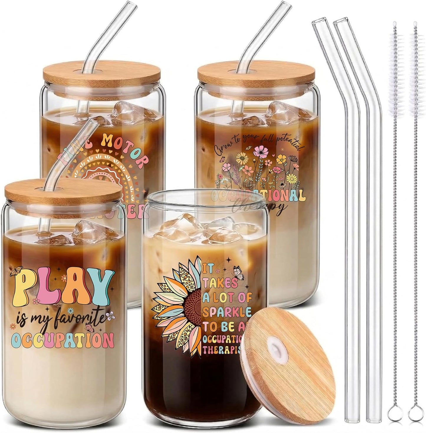 Vasos vidrio 16oz set 4 regalo terapeuta ocupacional