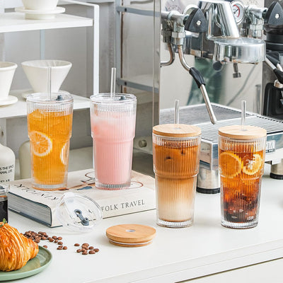 Vasos de vidrio con tapas y pajitas para café helado, batidos y bebidas frías, juego de 2