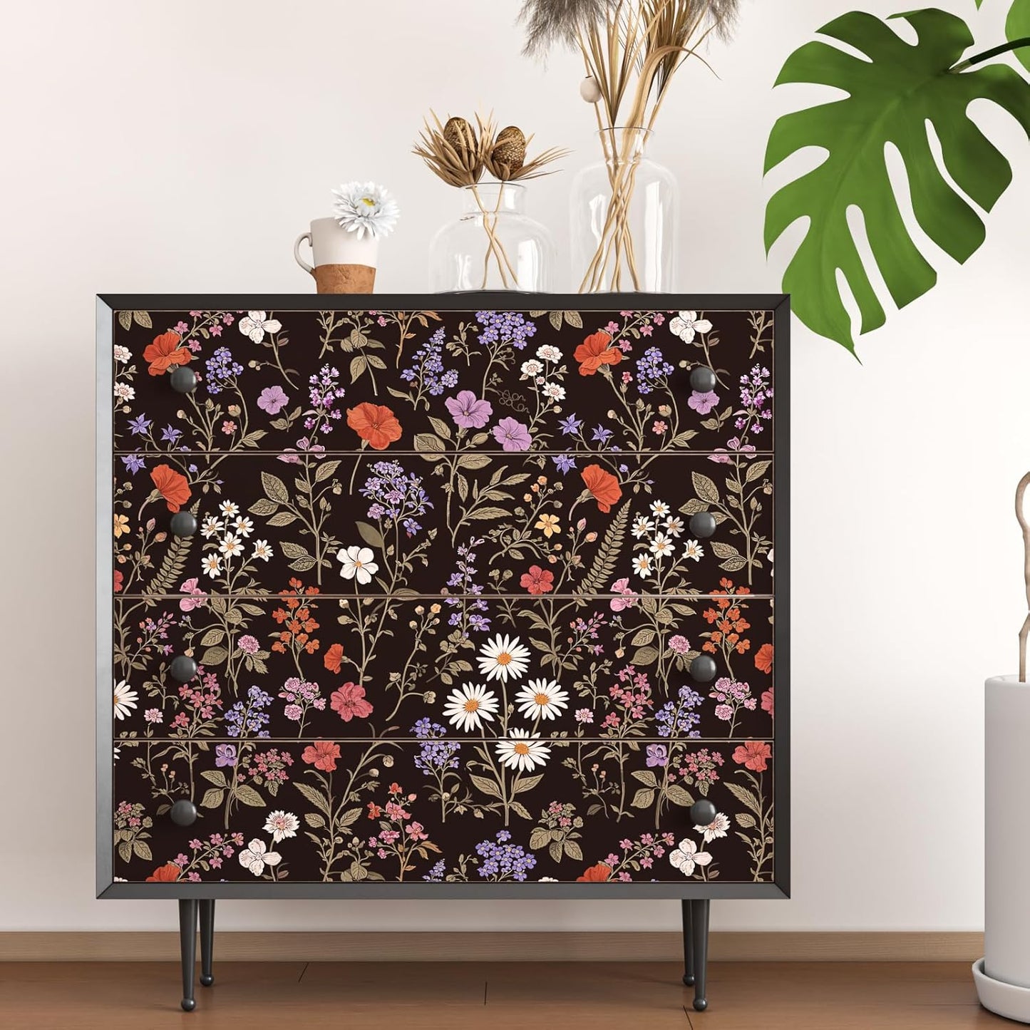 Papel tapiz floral negro autoadhesivo 17.5x78.7pulg