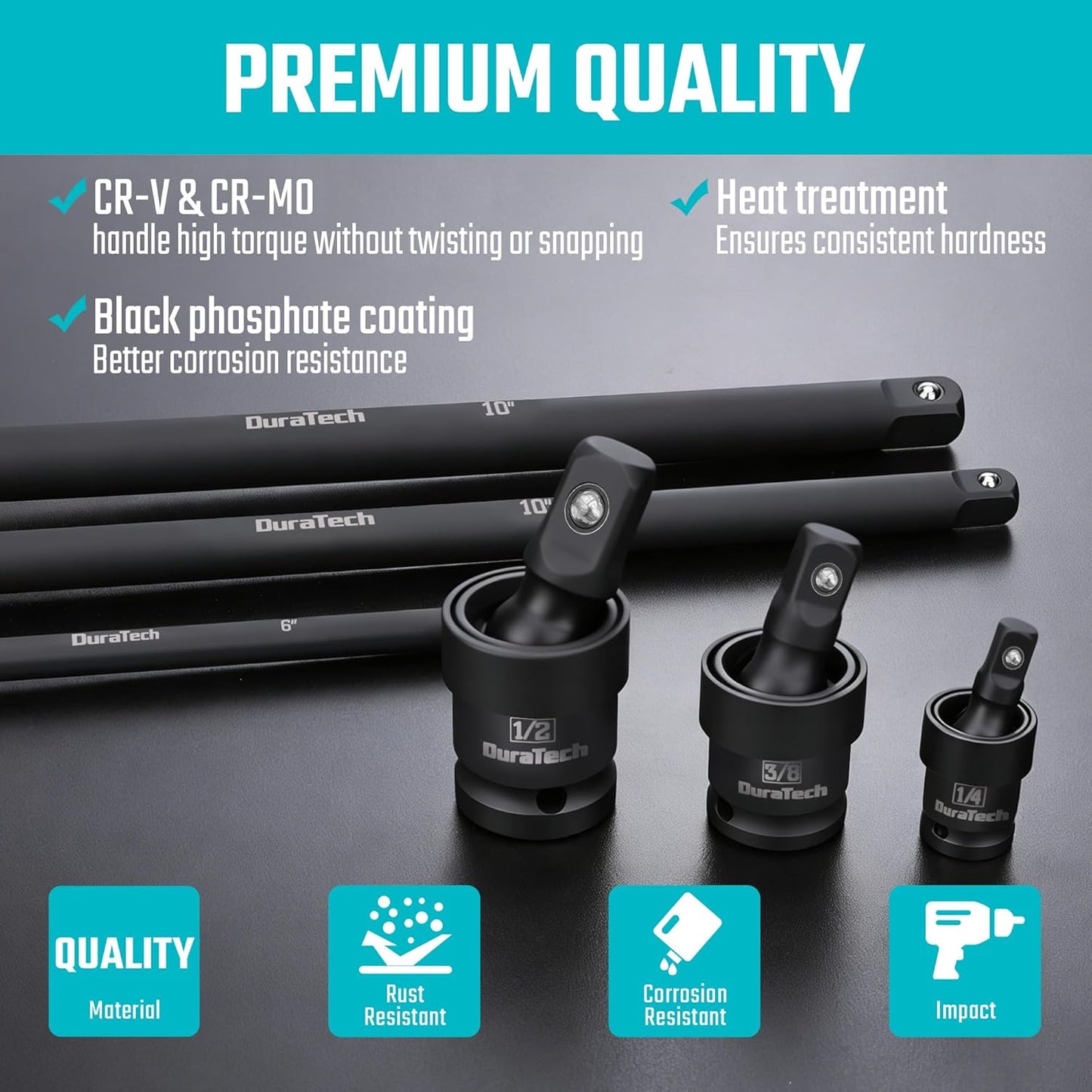 Set 12 Pzas Extensión Impacto Acero CR-V 1/4 3/8 1/2