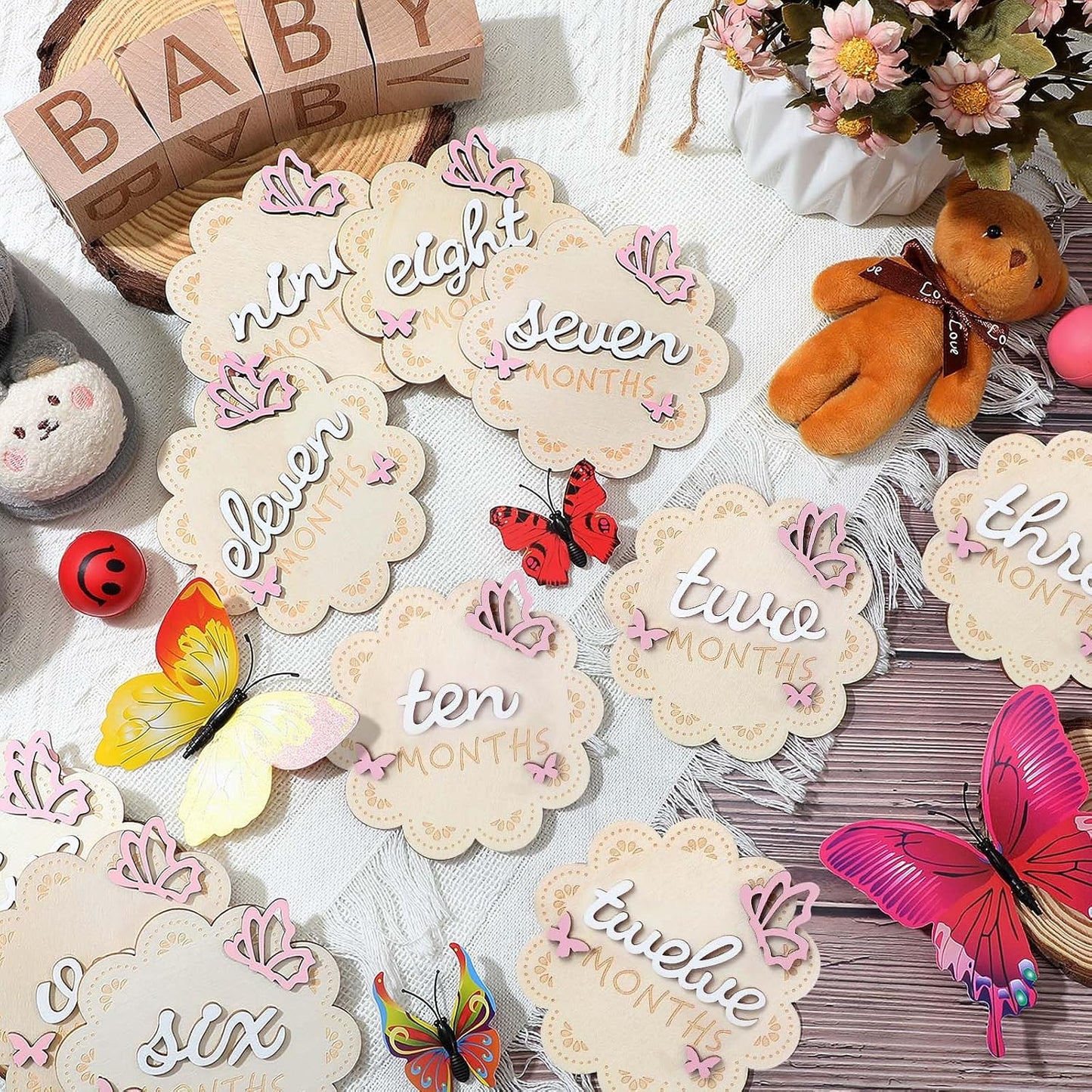 12 Tarjetas 3D Madera Mariposa para Bebé Niña 1-12 Meses