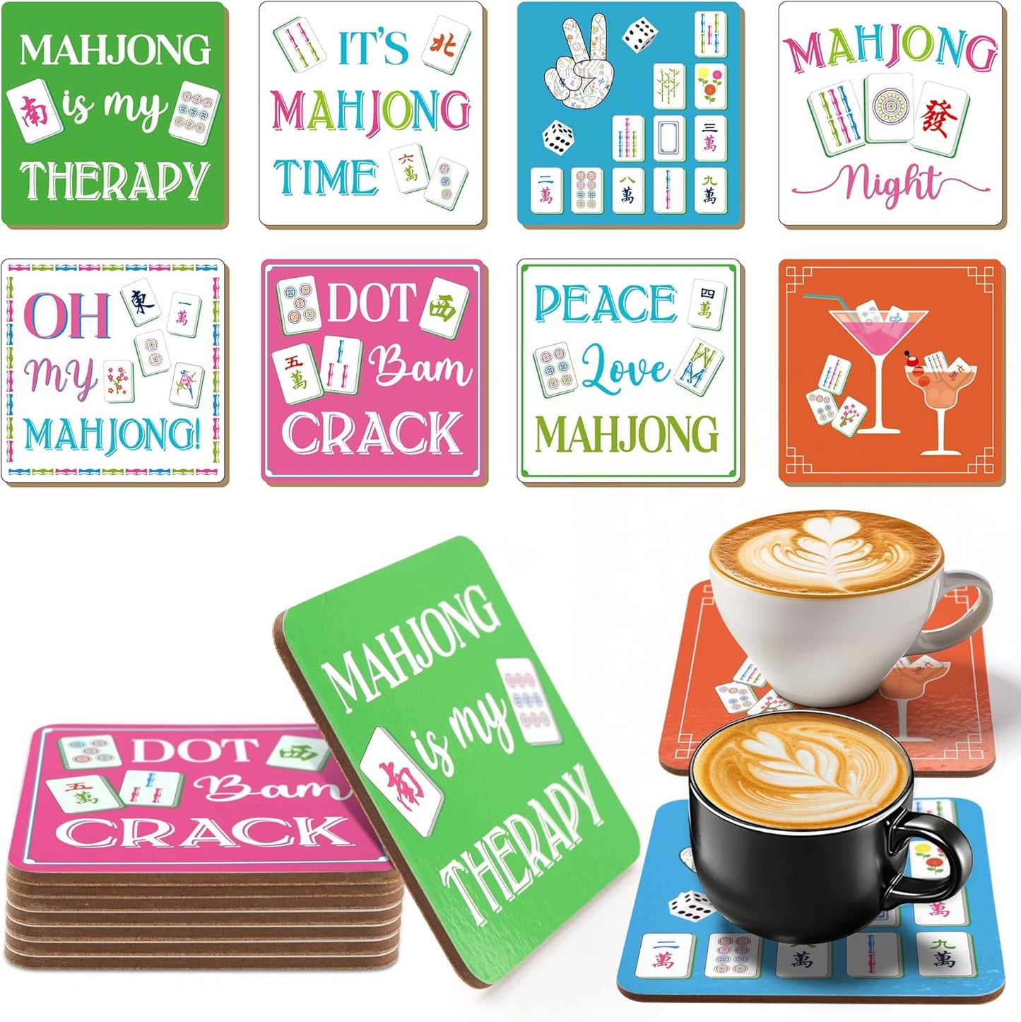 Paquete de 8 posavasos Mahjong de 3.94 x 3.94 pulgadas coloridas