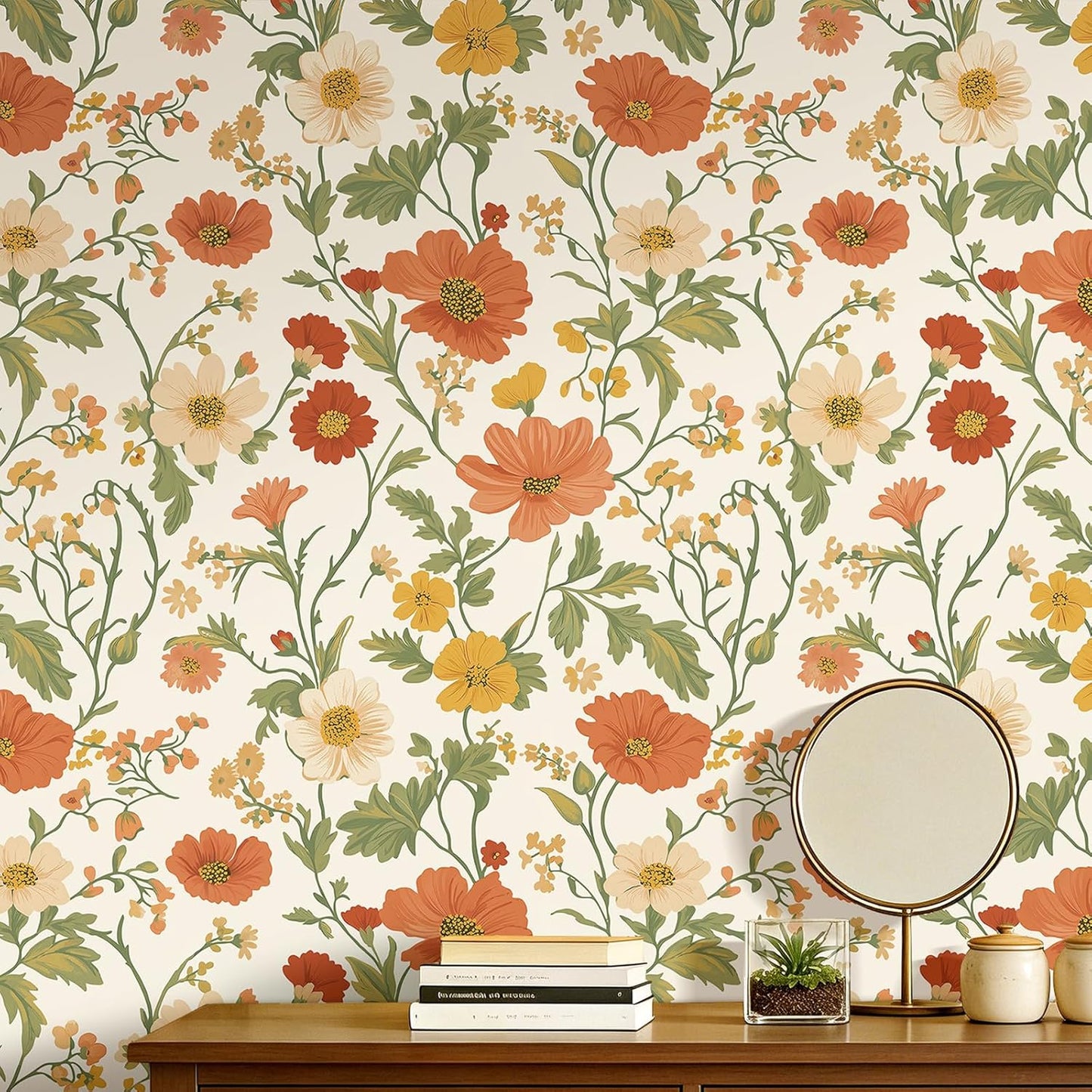 Papel tapiz bohemio flores naranja crema hojas verdes salvia