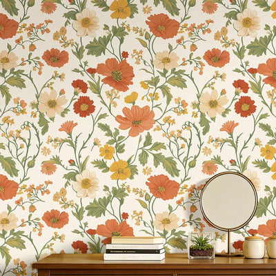 Papel tapiz bohemio flores naranja crema hojas verdes salvia