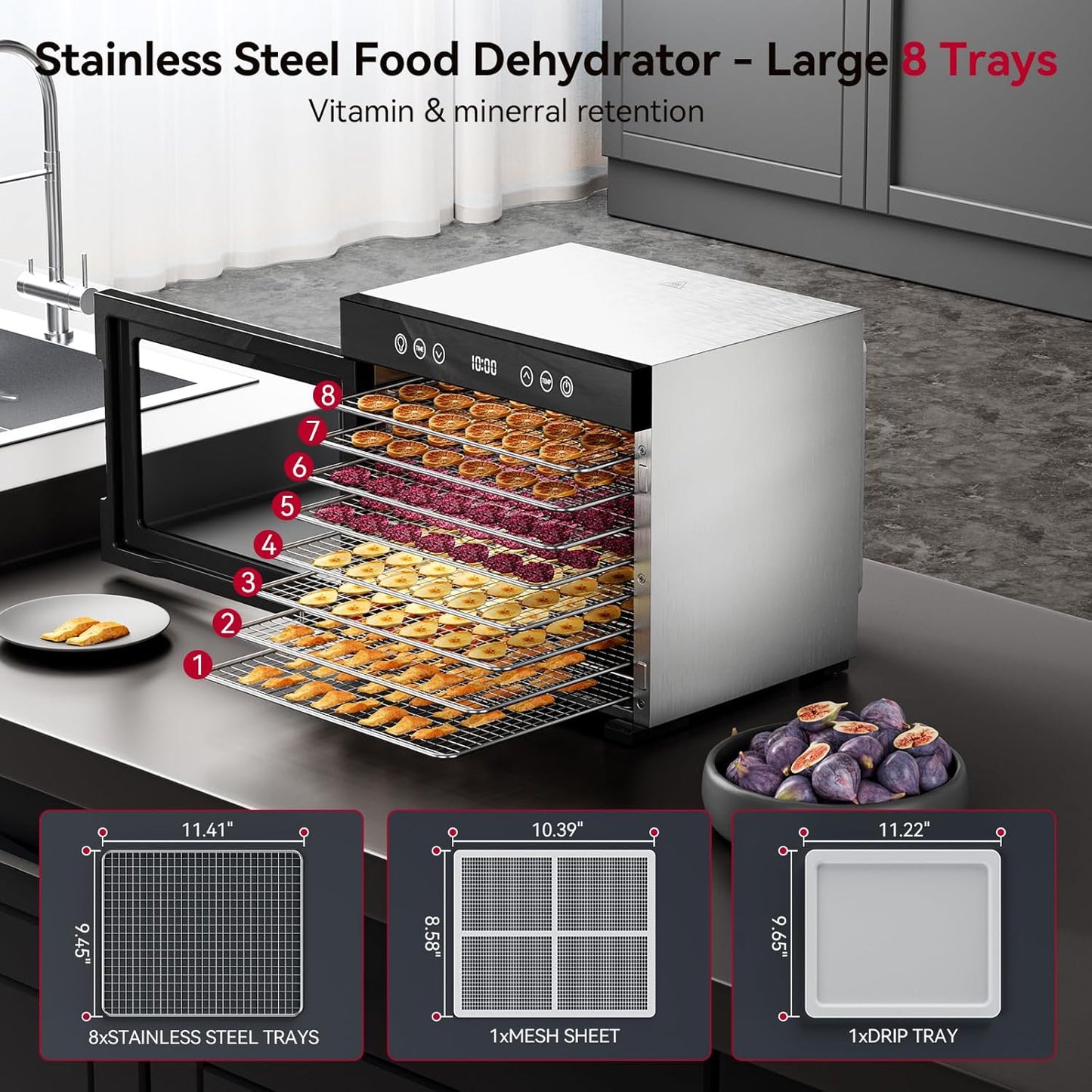 Deshidratador Alimentos Acero Inox 8 bandejas Temp. Ajustable 650W
