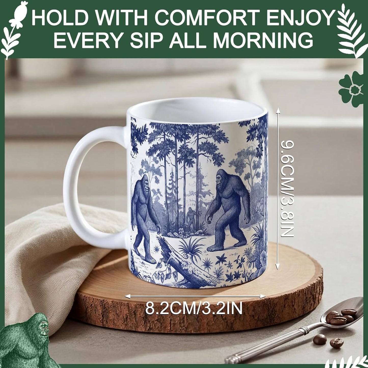 Taza Bigfoot de 11 oz para hombres y mujeres, espeluznante con patrón completo