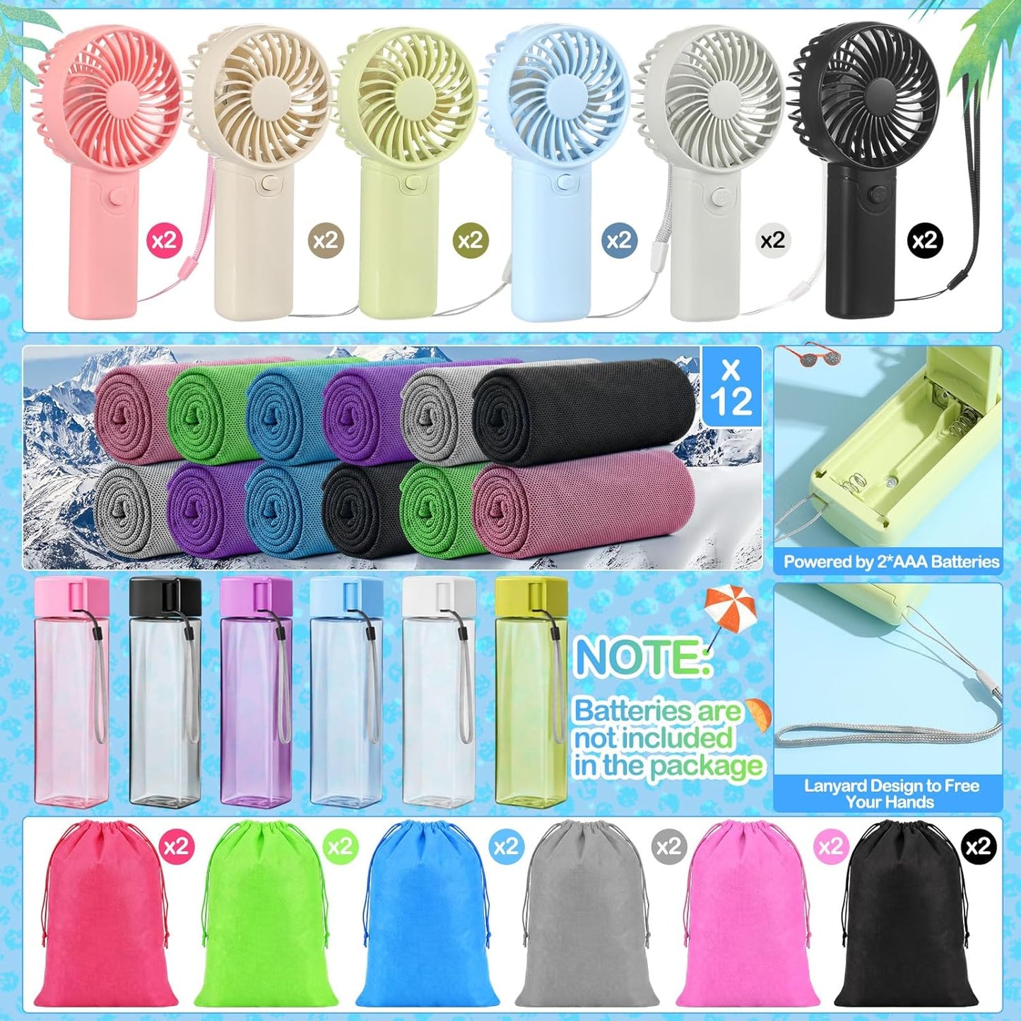 Juego de 12 piezas accesorios parque temático mini ventilador portátil toalla enfriamiento bolsa regalo verano