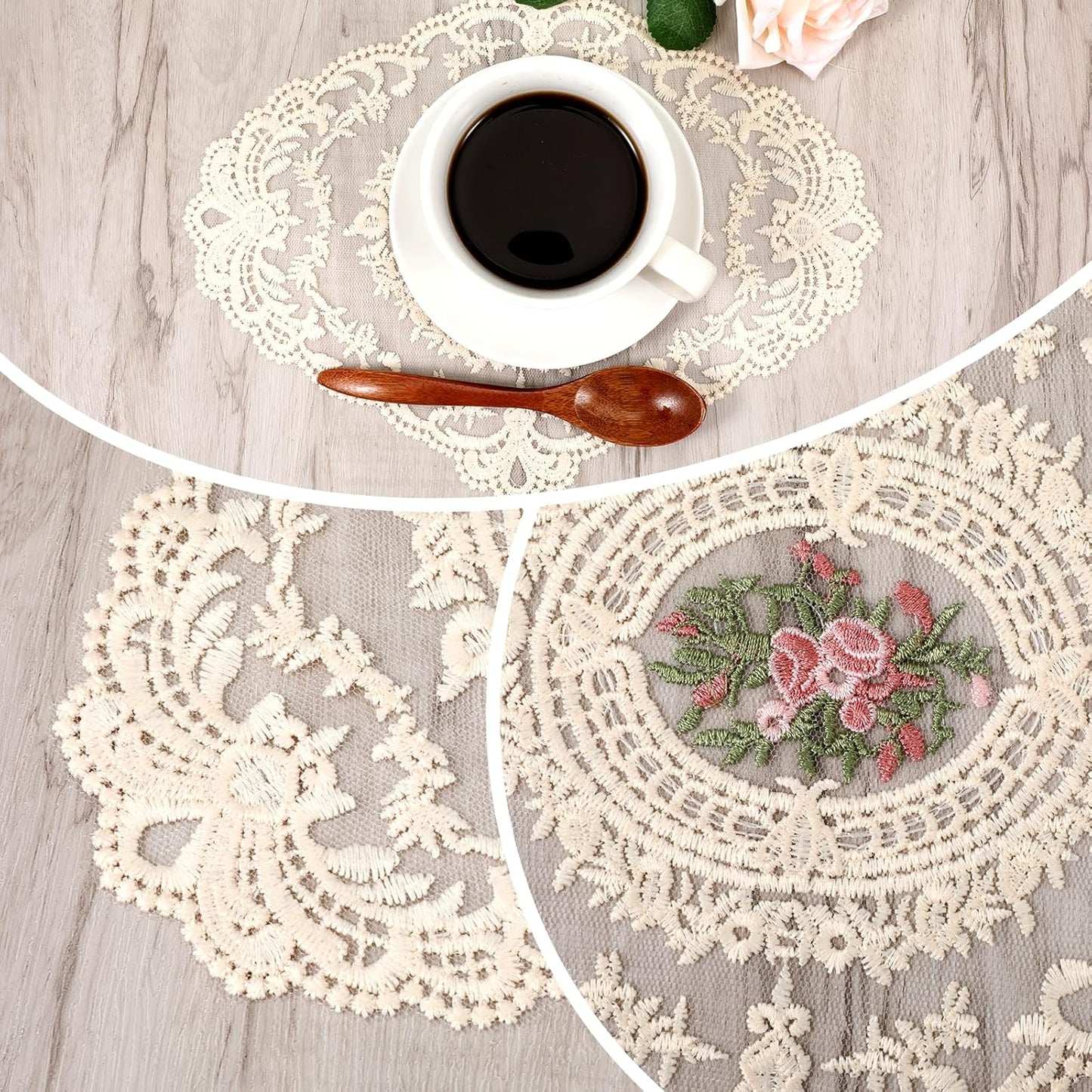 Manteles de encaje beige individuales para mesa elegantes y retro
