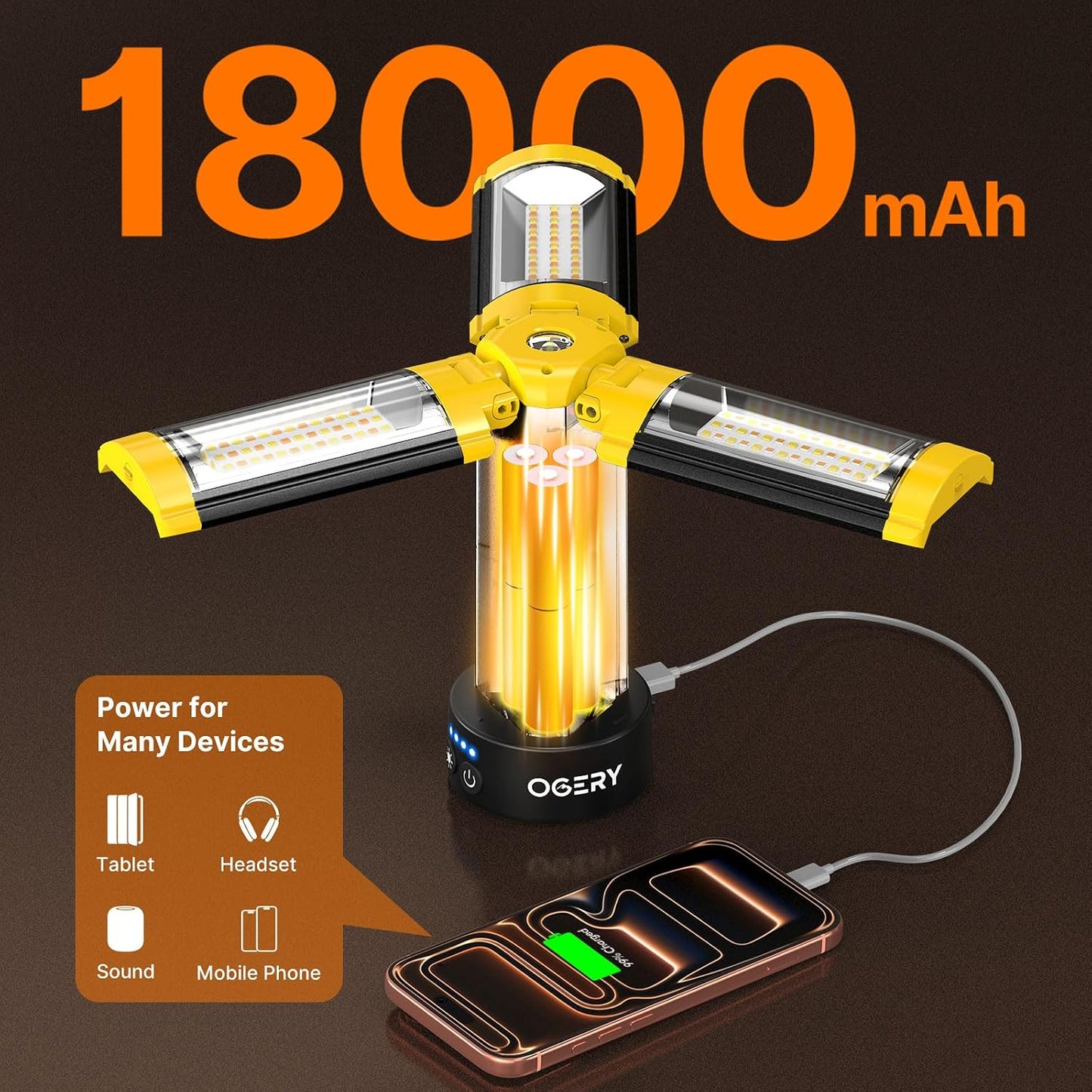 Luz campamento control remoto 18000mAh LED 6pulg 3 cabezales amarillo