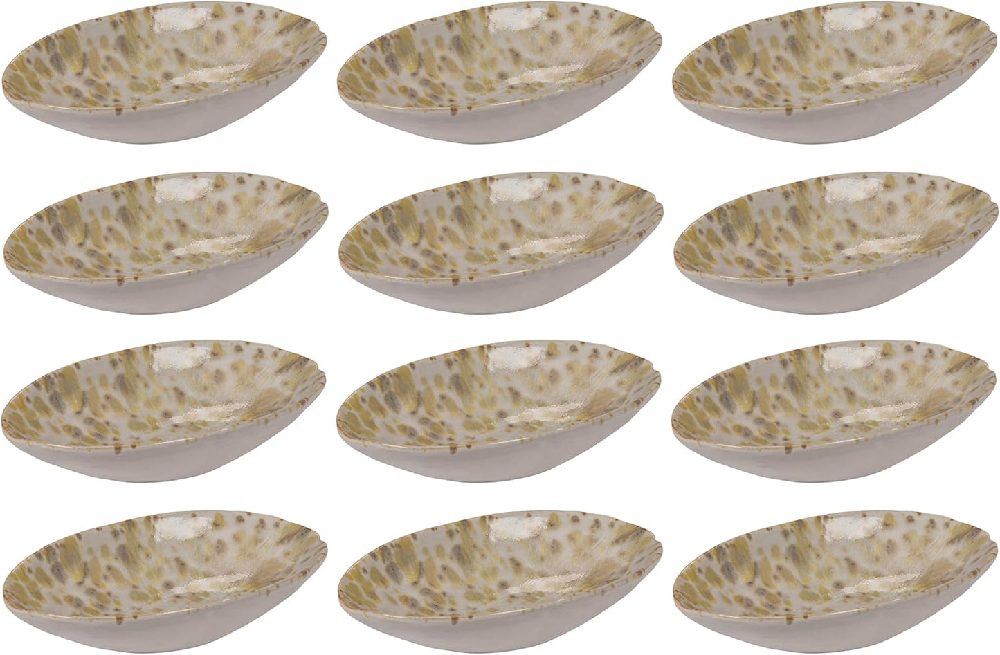 Platos ovalados de gres en esmalte reactivo crema y verde juego de 12
