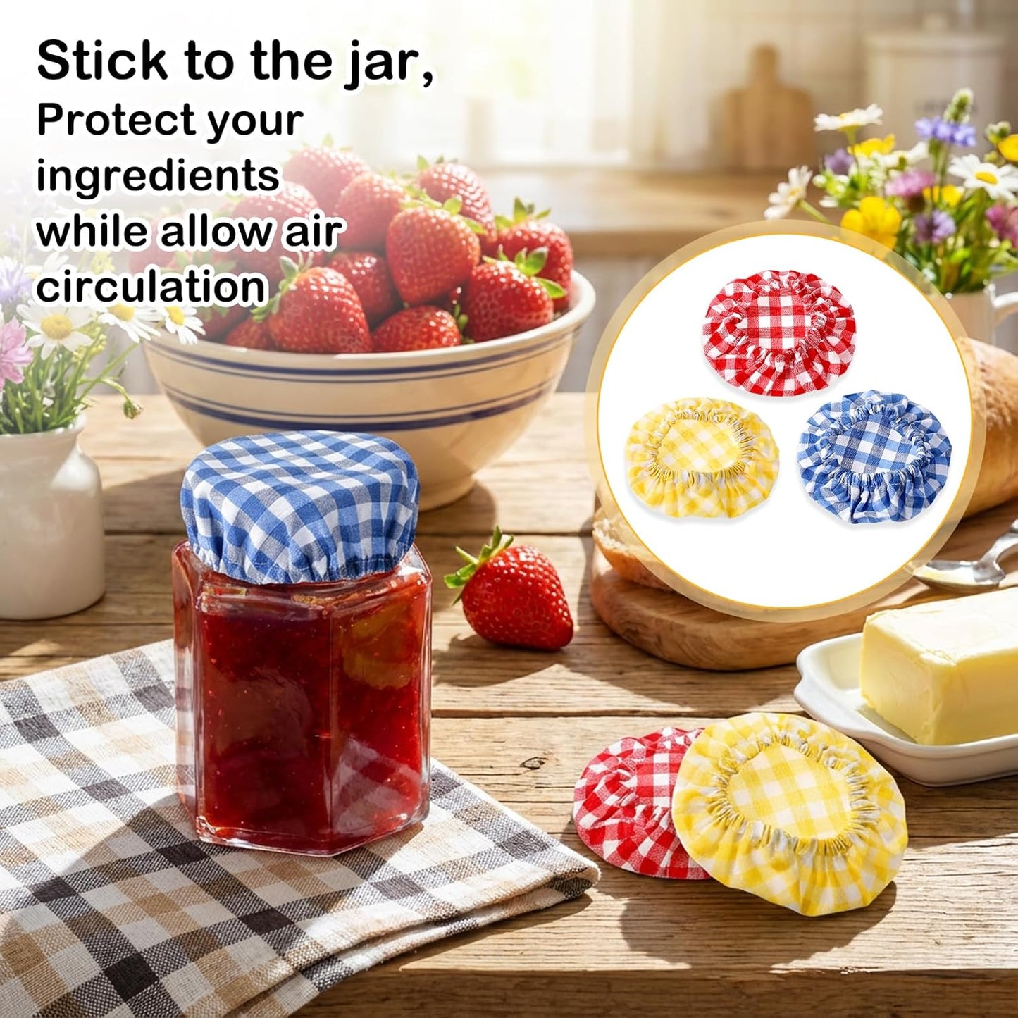 Juego de 3 fundas elásticas de algodón para tarros de masa madre reutilizables