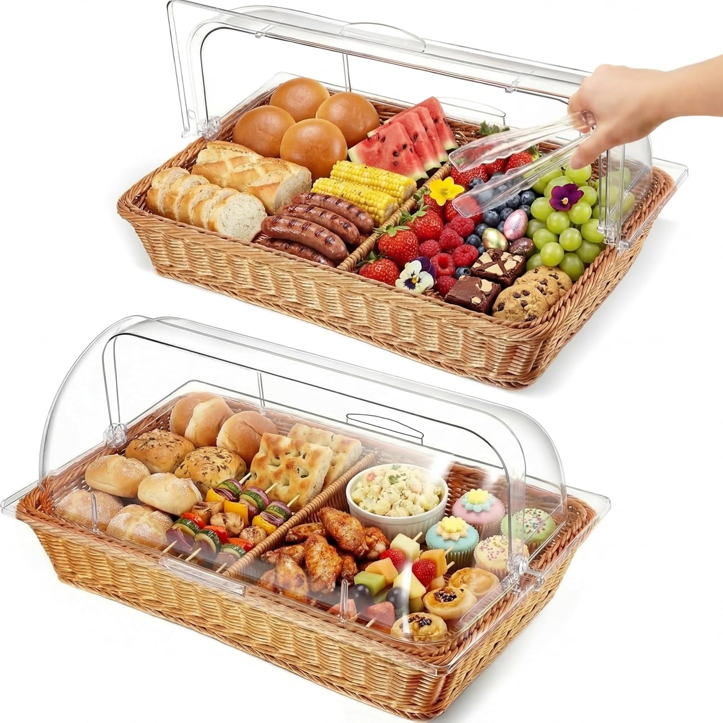 Set 2 Cestas Pan Mimbre Tapa Acrílico Transparente 21x13pulg