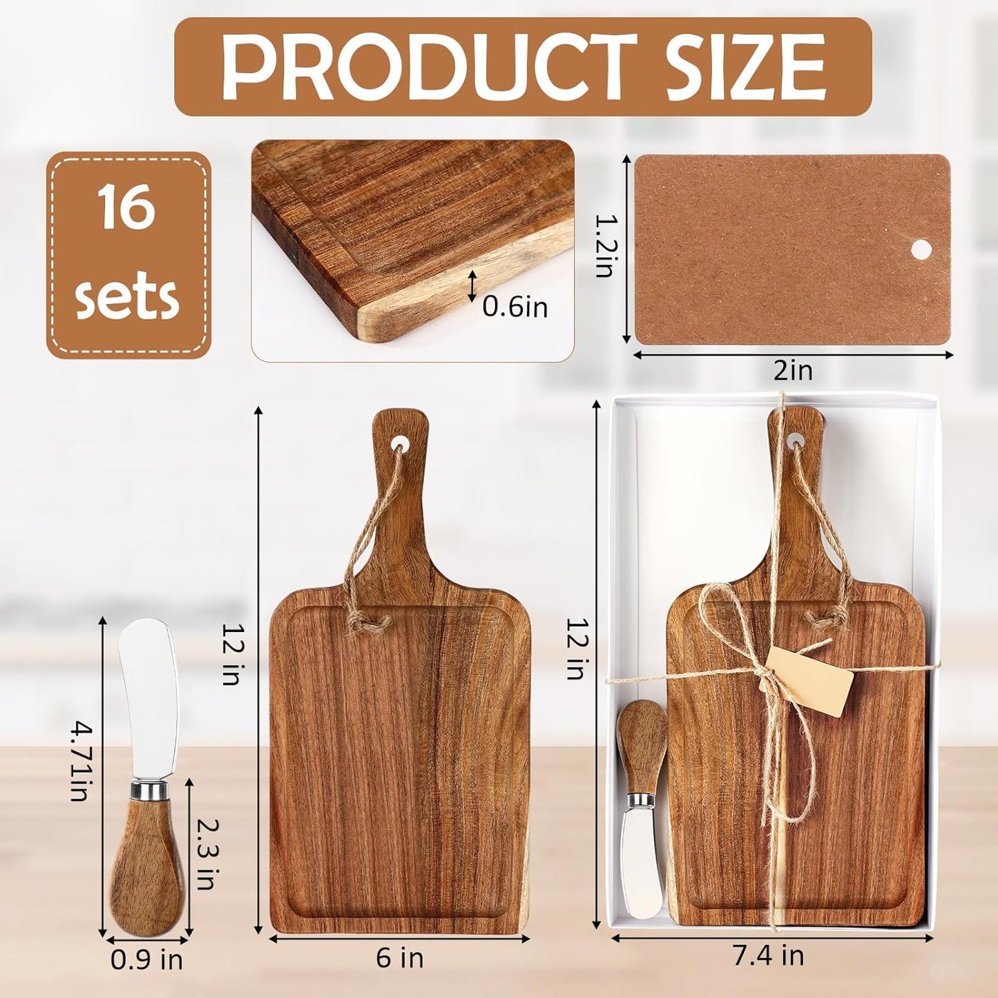 Set 16 Tablas Acacia con Cuchillo Bandeja Servir Ranura Regalo Boda