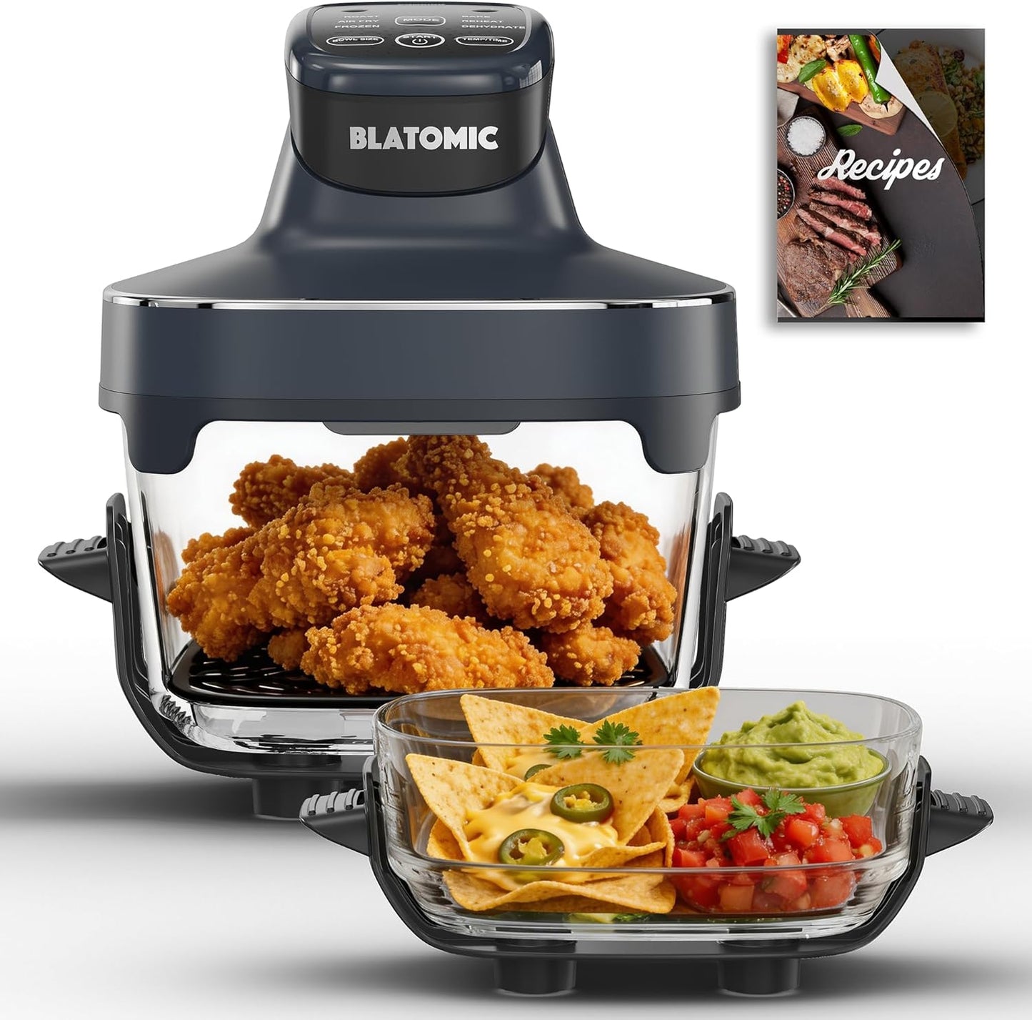 Freidora aire vidrio 6en1 horno encimera 1500W cuencos 2.6-4.7qt