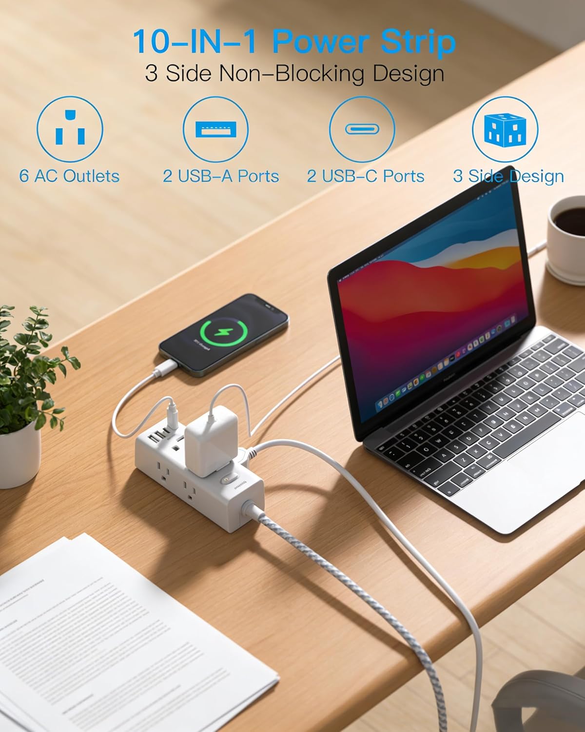 Cable extensión con protector sobretensiones 5ft 6 enchufes 4 USB