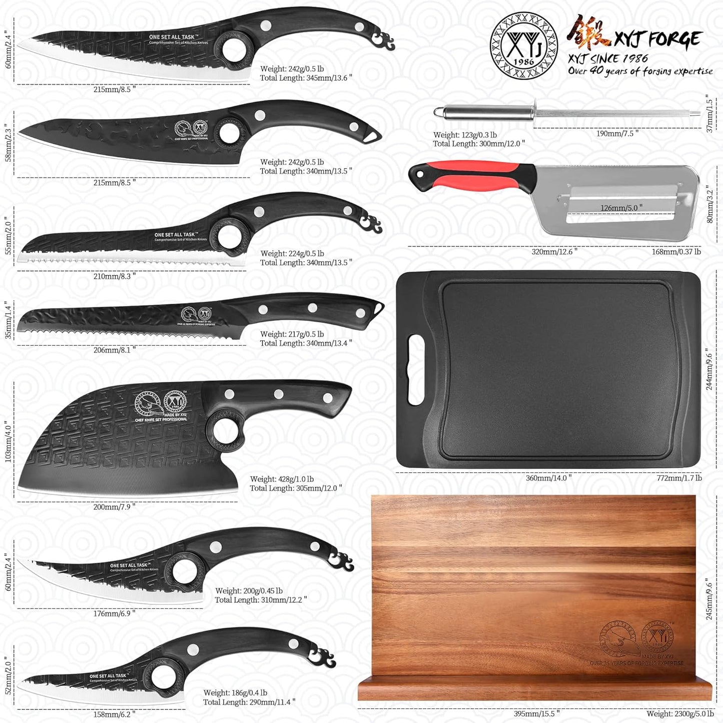Set Cuchillos con Bloque Magnético Palillo Afilar Tabla Cortar