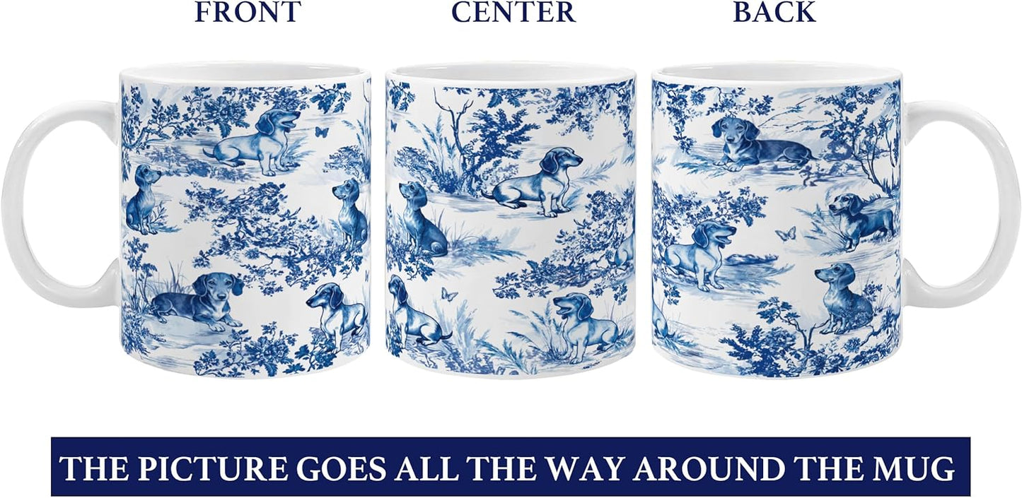 Taza de café azul Toile para mamá Doxie Dachshund French