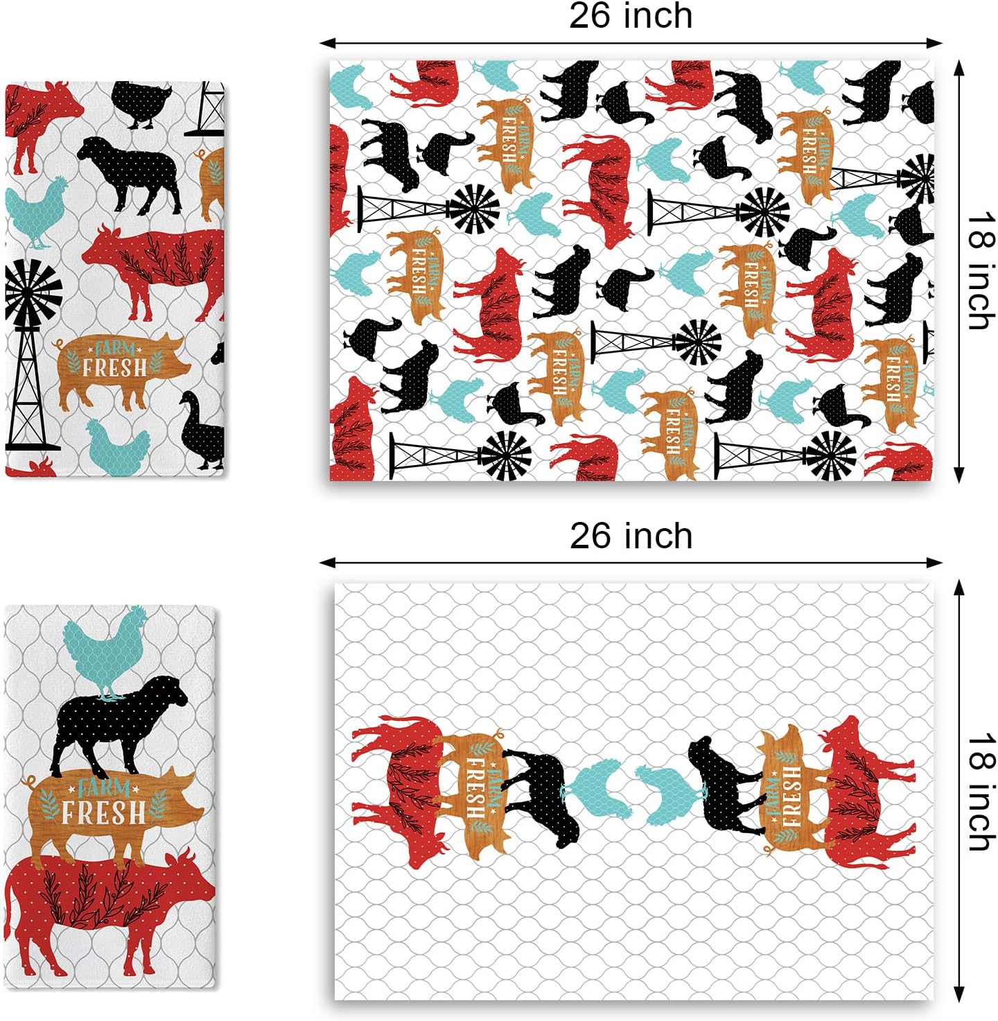 Juego de 2 paños de cocina vintage con motivos de granja y animales