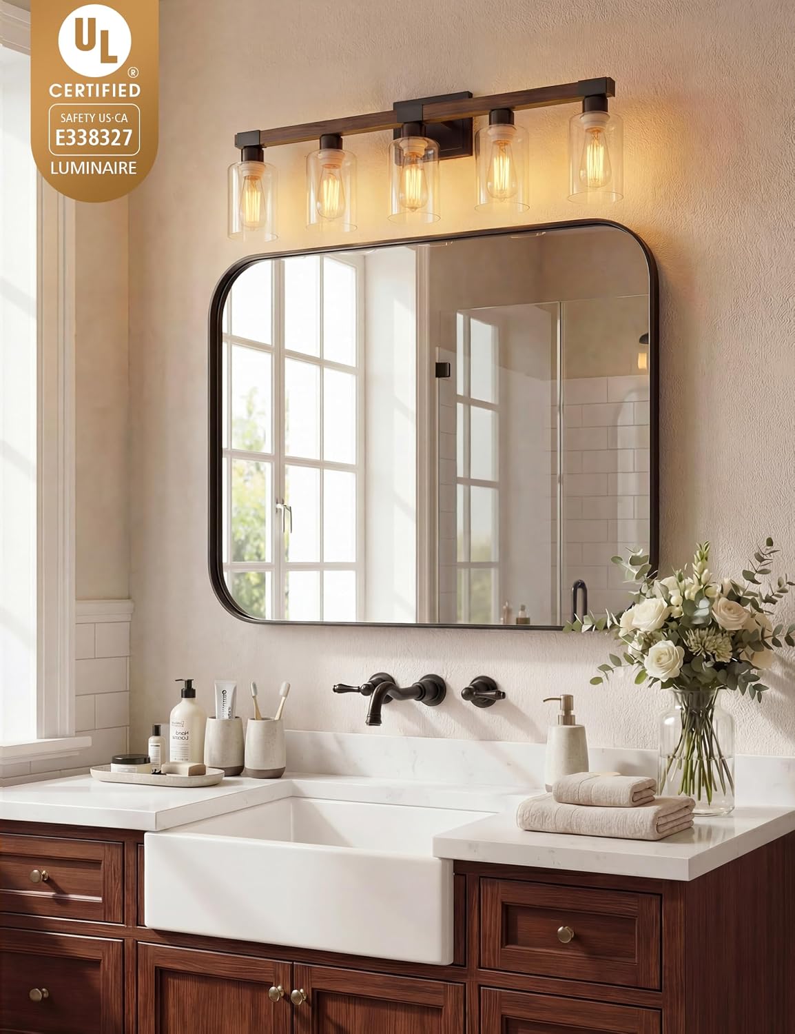 Lámpara baño rústica 5 luces sobre espejo madera certificada UL