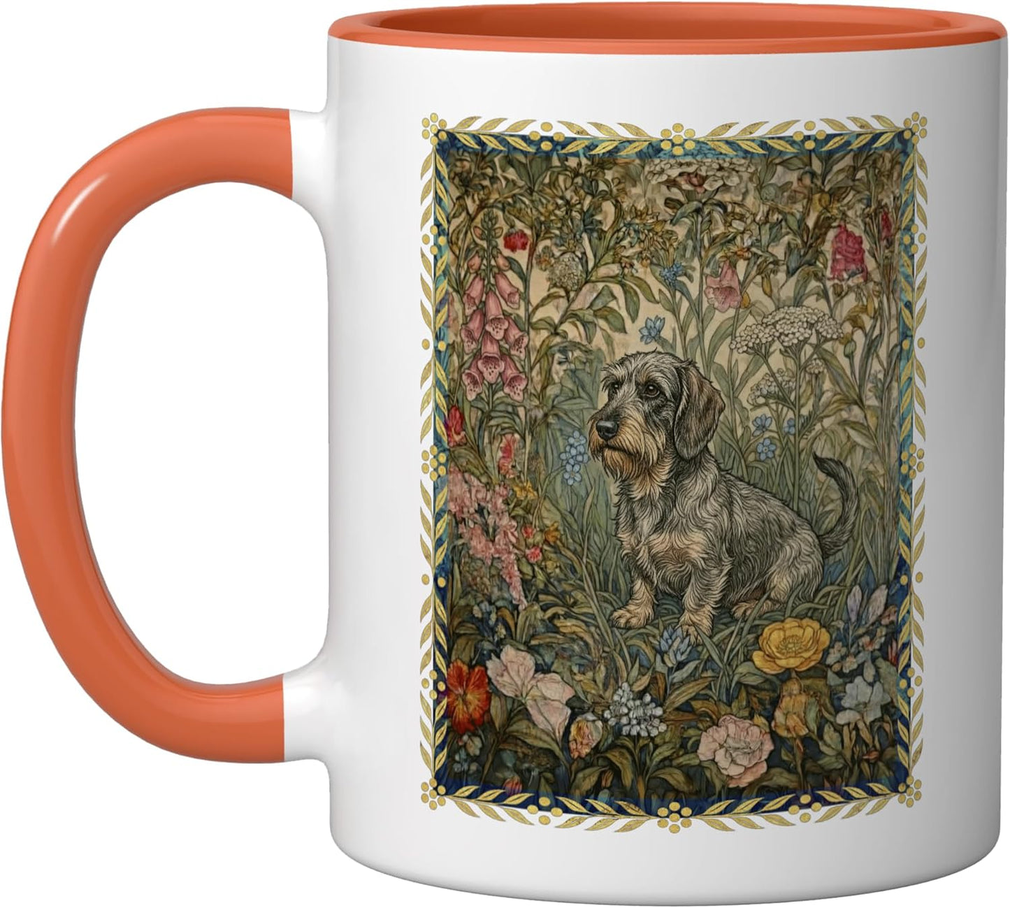 Taza Cerámica Dachshund Jardín Floral Naranja/Blanco