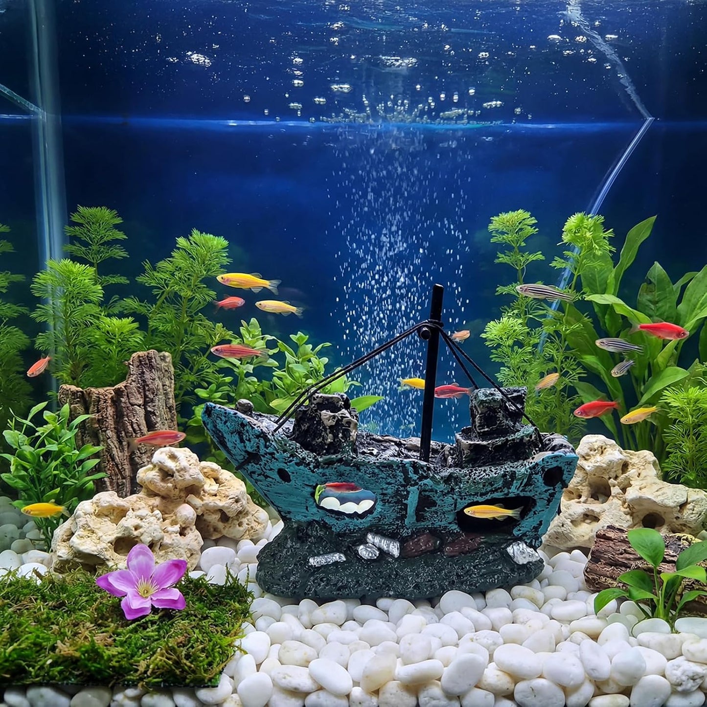 Decoración acuario resina naufragio barco hundido multicolor