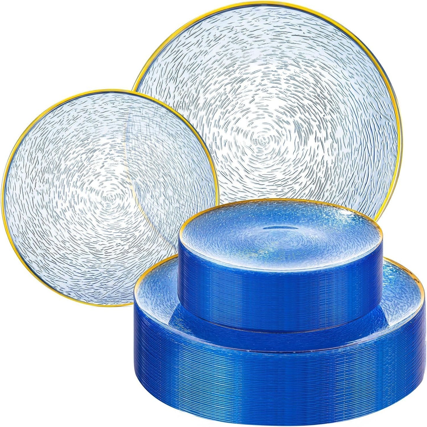 Pack 100 Cubiertos Servilletas Dorado 60 Platos Plástico Azul