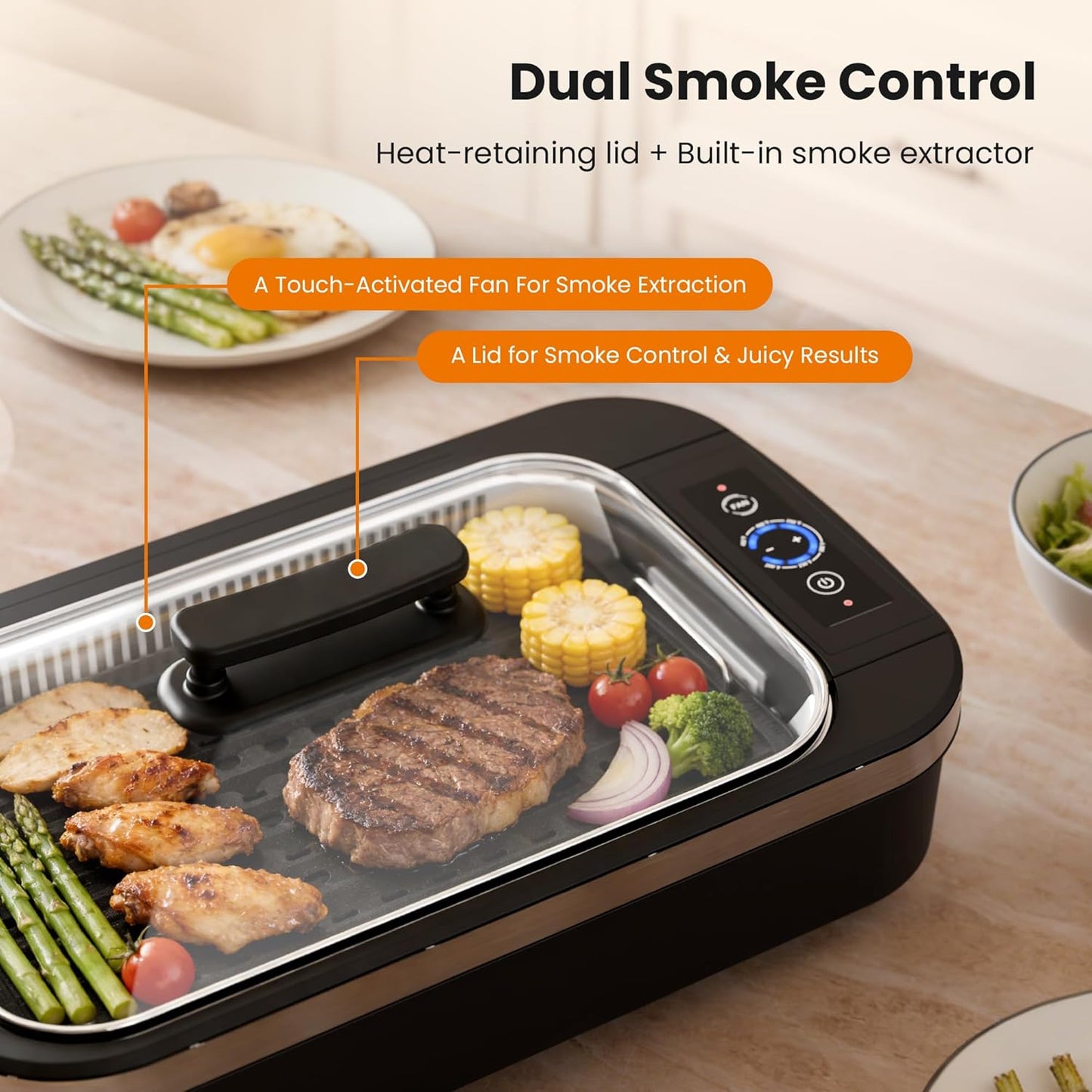 Parrilla eléctrica sin humo 1500W con control temperatura 6 niveles