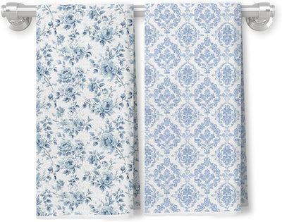 Juego de 2 toallas de cocina vintage con diseño floral azul