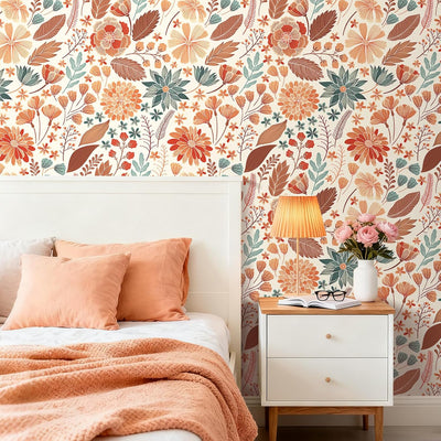 Papel tapiz floral bohemio beige naranja impermeable