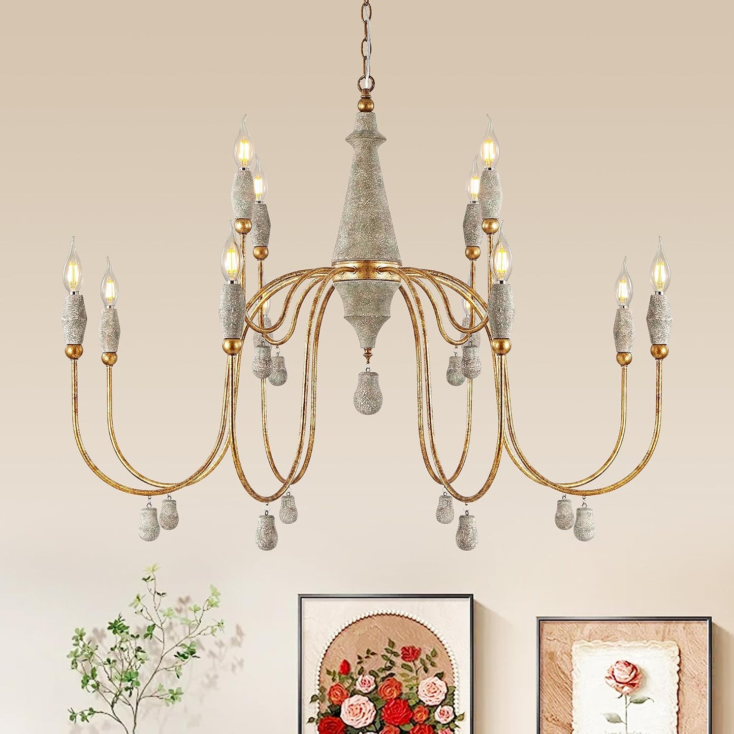 Candelabro francés 42.5pulg 12 lámparas madera rústica sala