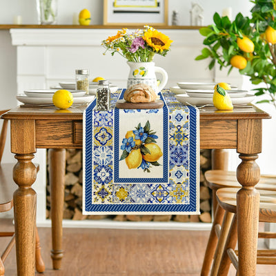 Camino de mesa de verano de porcelana azul y blanca con flores de limón